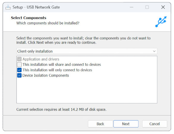 Enabling additional components for a USB Network Gate client