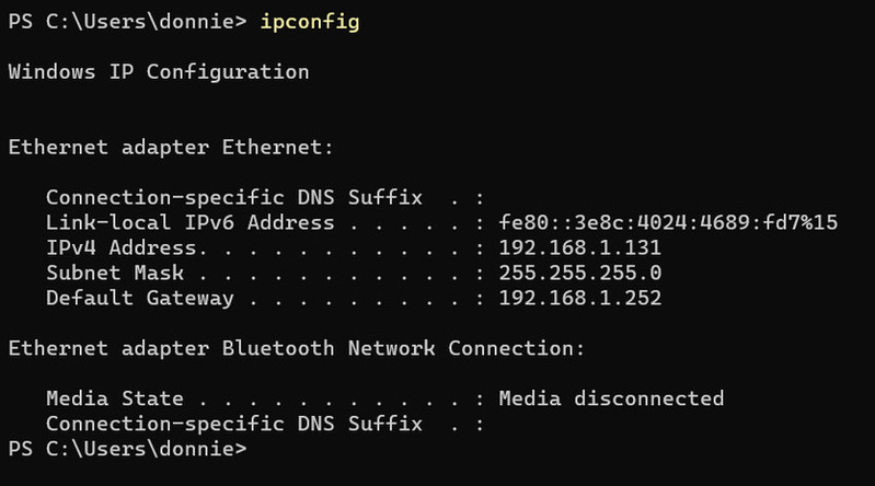 Output of the ipconfig command on Windows 11