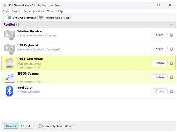 Sharing two devices in USB Network Gate