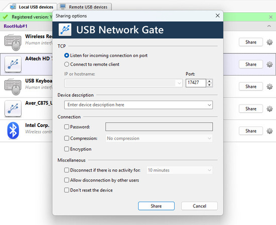 Configurazione di una connessione USB Network Gate