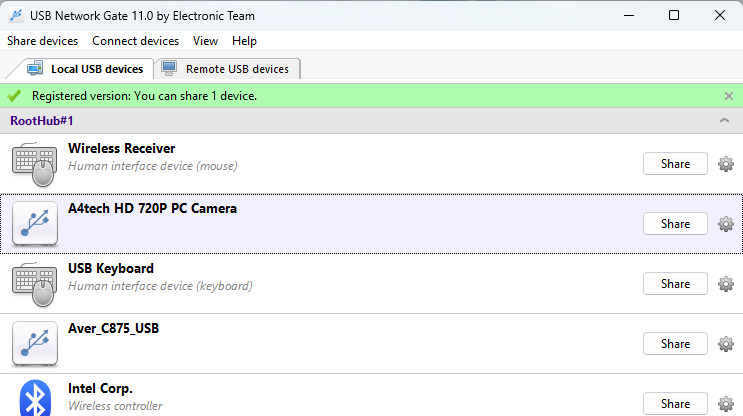 Condivisione di una webcam da USB Network Gate