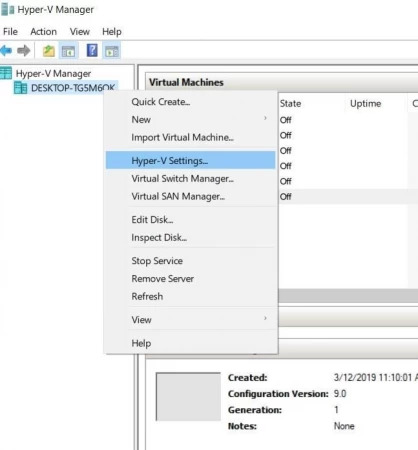 open Hyper-V settings via context menu