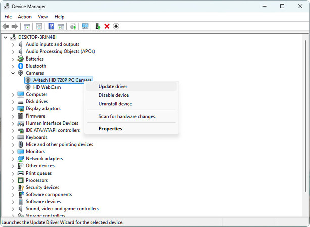 Een contextmenu voor een webcam in Apparaatbeheer
