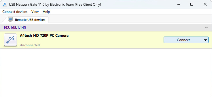 De camera gedetecteerd door de USB Network Gate-client