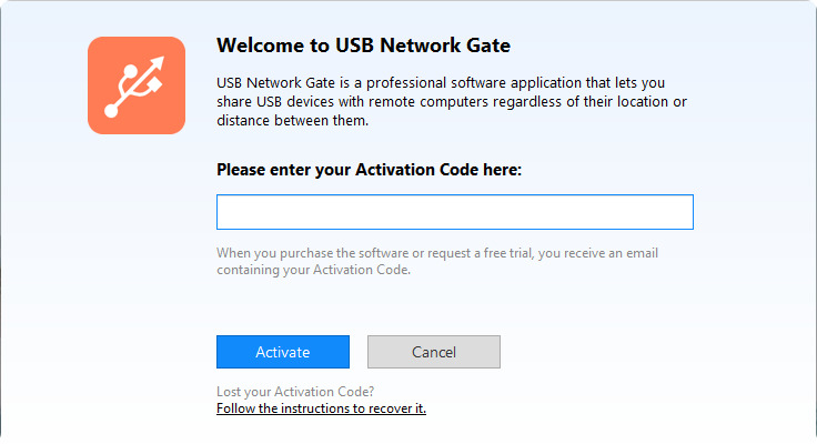 USB Network Gate activeringsscherm