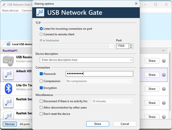 USB Network Gate verbindingsinstellingen-dialoogvenster