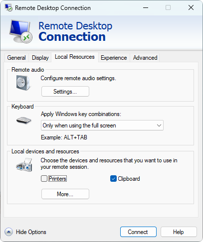 "Printers" is disabled under "Local Resources"