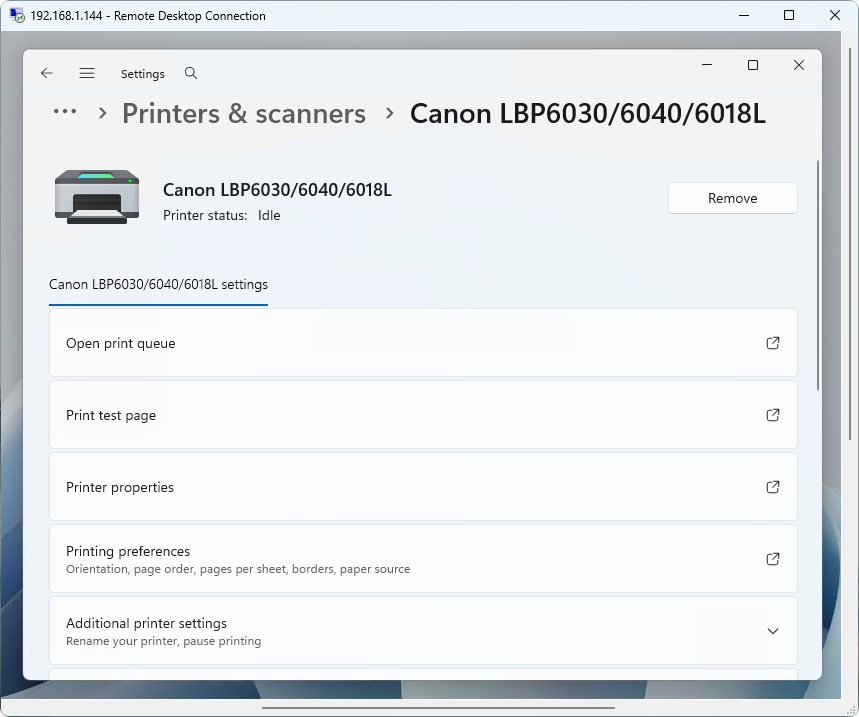 The connected printer in Windows Settings