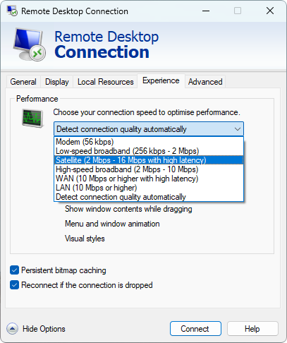 Setarea vitezei conexiunii în clientul Conexiune la desktop la distanță