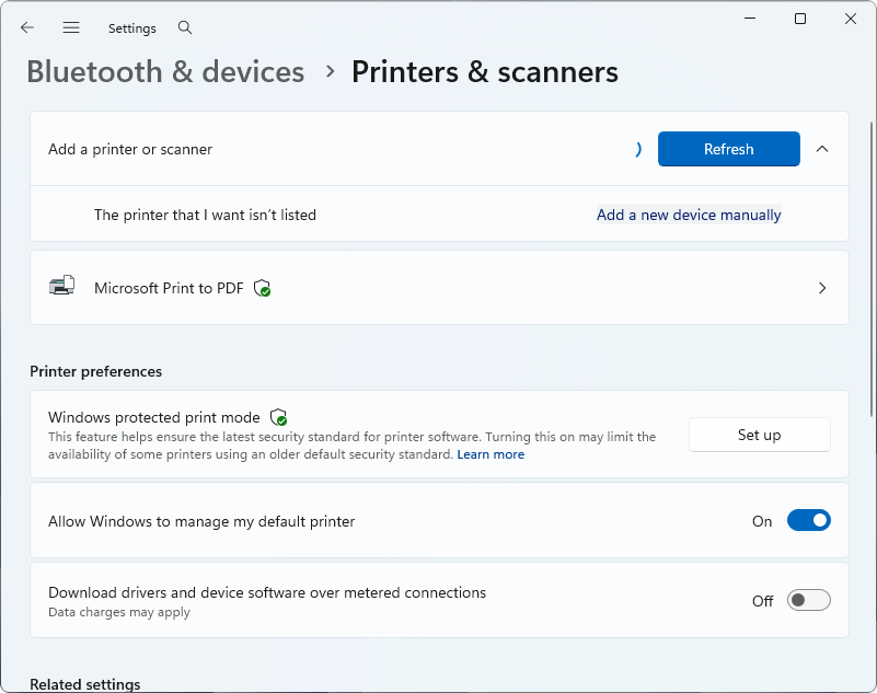 Opțiunea de a adăuga manual o imprimantă în setările Windows