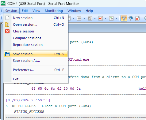 Salvataggio della sessione del Monitor porta seriale